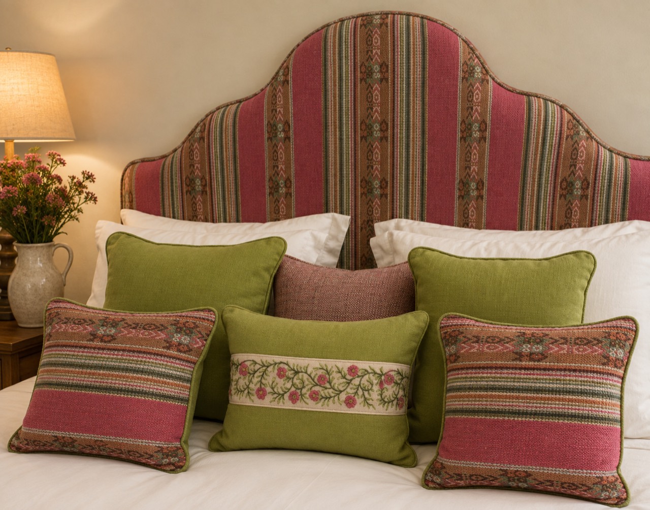 A bed styled with handmade patterned cushions