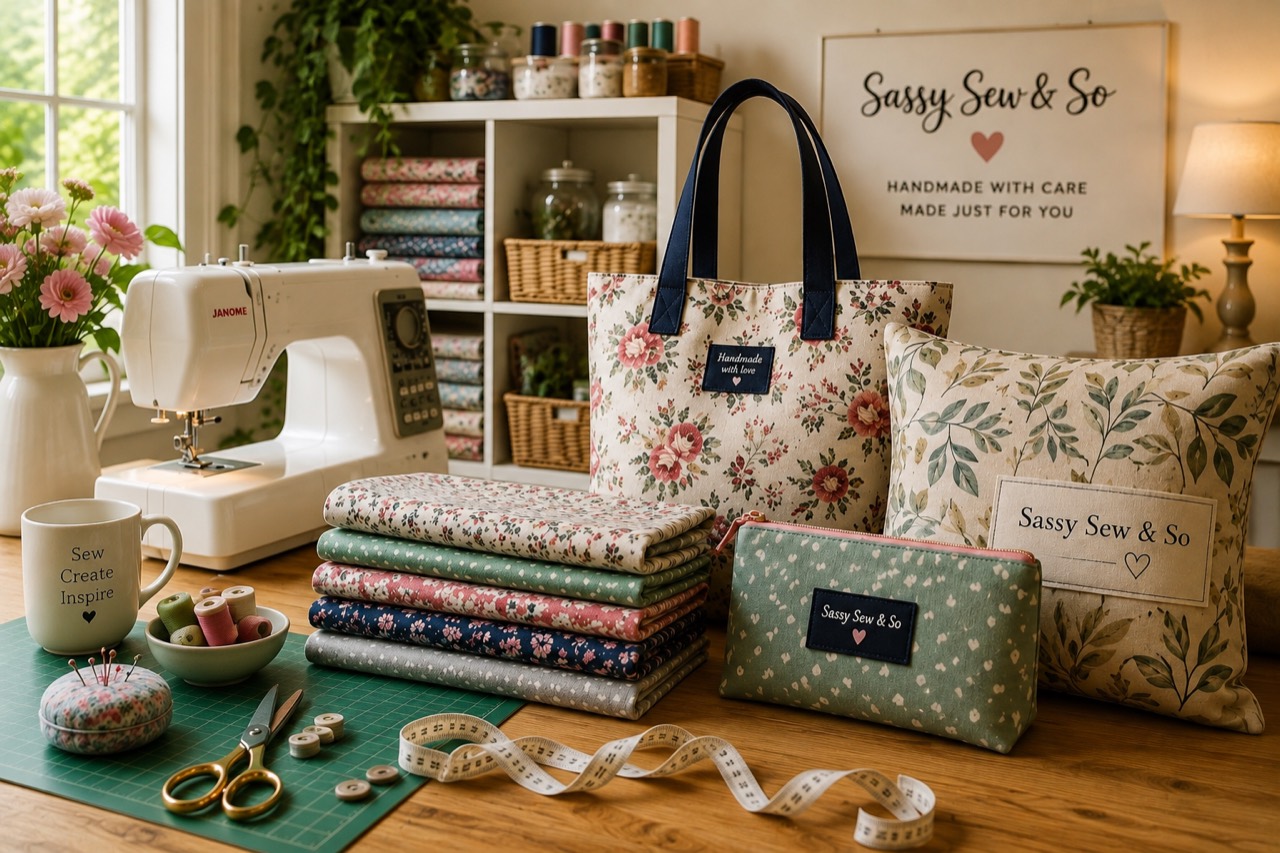 Handmade bags, cushions and sewing materials in the Sassy Sew and So studio