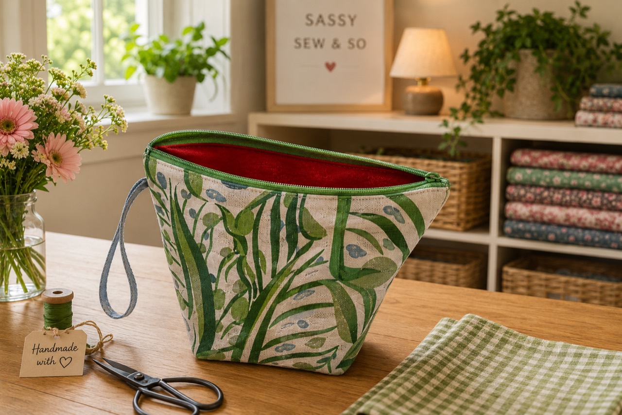 A botanical handmade pouch with a green zip